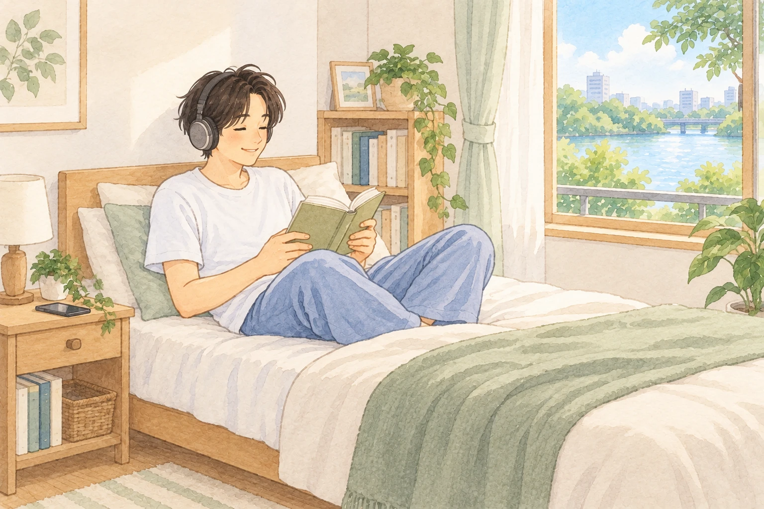 川の見える明るい個室で、ベッドにもたれてヘッドホンで音楽を聴きながら本を読んでいるイラスト