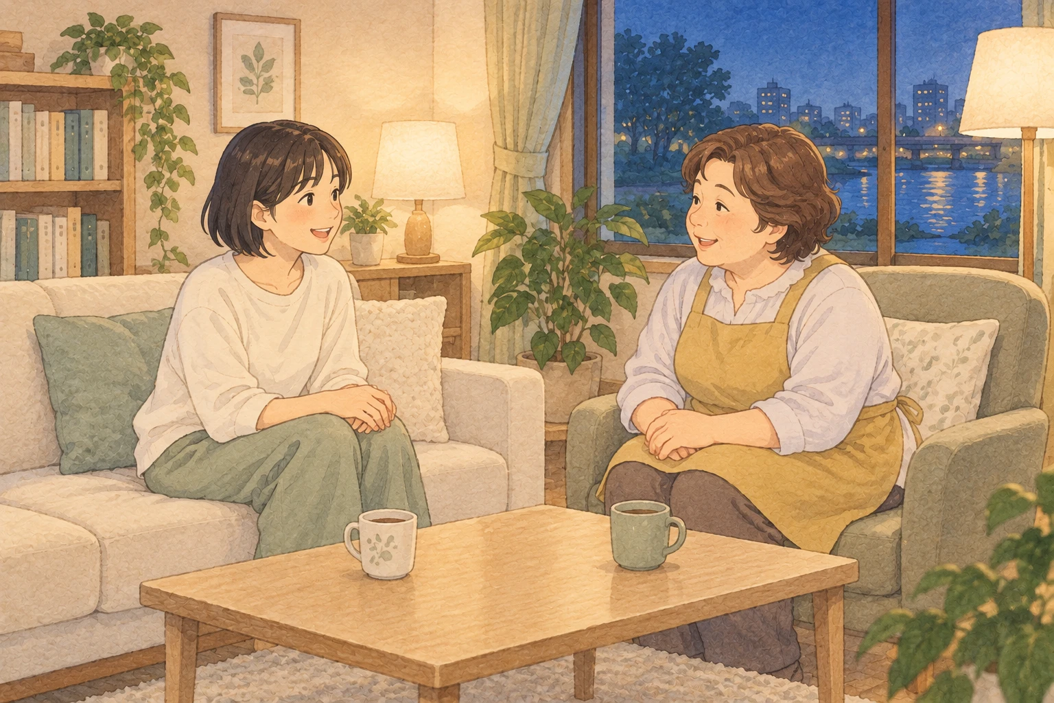 夜、川の夜景が見えるあたたかい明かりのリビングで、入居者とスタッフがソファに座って笑顔で話しているイラスト