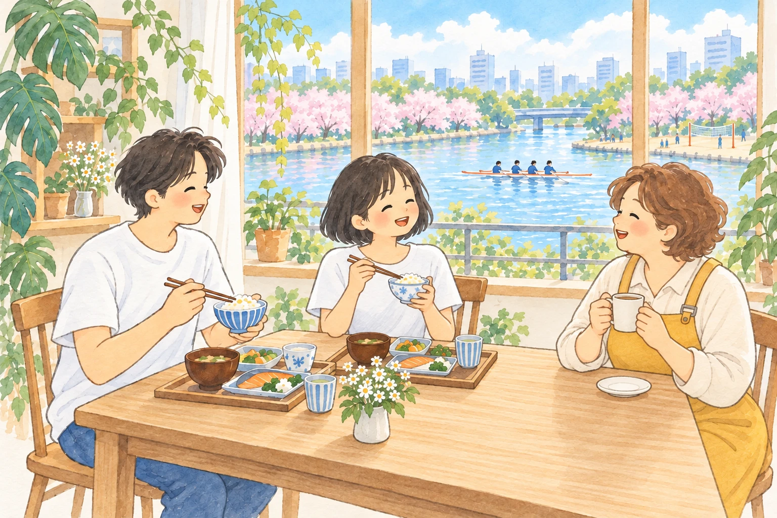 川と桜の見える明るいダイニングで、入居者とスタッフが笑顔で食事をしているイラスト